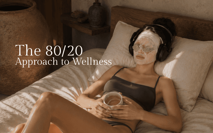 Editorial cover reading 'The 80/20 Approach to Wellness' — a guest in warm linen reclines on a cream-toned bed cradling a small cup of tea, herbal-teabag eye masks resting on her eyes, headphones on, in a quiet, terracotta-lit room at The Wellness Ed.