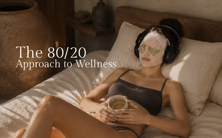 Editorial cover reading 'The 80/20 Approach to Wellness' — a guest in warm linen reclines on a cream-toned bed cradling a small cup of tea, herbal-teabag eye masks resting on her eyes, headphones on, in a quiet, terracotta-lit room at The Wellness Ed.