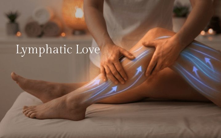 Editorial cover reading 'Lymphatic Love' — a therapist's hands performing a gentle lymphatic drainage massage along a guest's leg, soft blue arrows tracing upward lymph flow in a candlelit, plant-filled treatment room at The Wellness Ed.