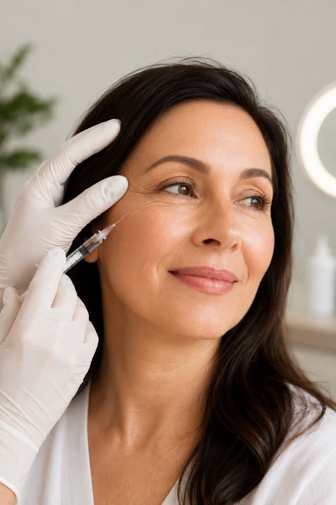 Smiling guest receiving a precise aesthetic injectable treatment near the eye area, with a gloved practitioner working in a calm, sunlit clinic — Aesthetics at The Wellness Ed.
