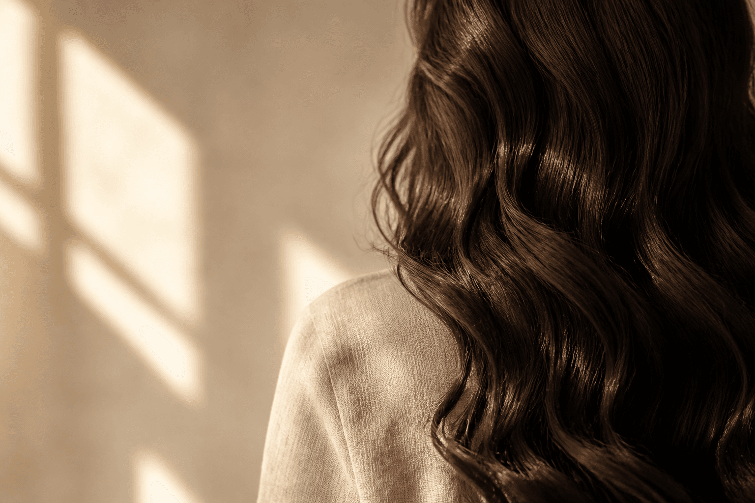 Sun-lit close-up of long, healthy brunette hair in soft waves — Hair care at The Wellness Ed.