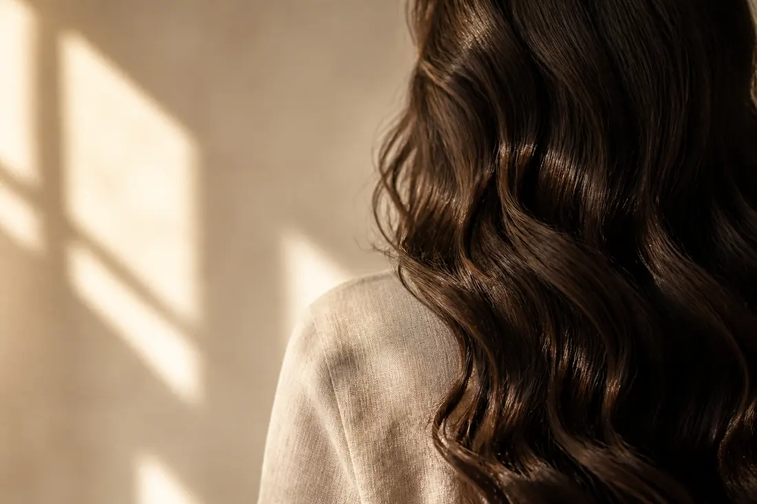 Sun-lit close-up of long, healthy brunette hair in soft waves — Hair care at The Wellness Ed.