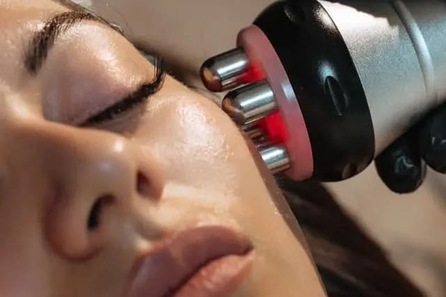 Close-up of a Neo Lift RF session at The Wellness Ed — a clinician glides a multi-headed radio-frequency wand across a relaxed guest's cheek, with the device's warm red glow tracing along the jawline and the skin already looking softly lifted and hydrated.