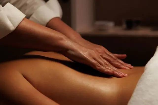 Therapist applying warm herbal oil with gentle, rhythmic strokes during a restorative Ayurvedic massage at The Wellness Ed.