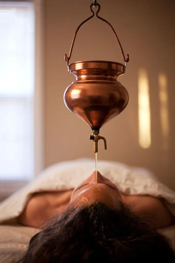 A guest receiving Shirodhara at The Wellness Ed — a polished copper vessel suspended above her releases a continuous, golden thread of warm herbal oil onto the centre of her forehead, the warm-lit treatment room and white linen draping setting a deeply meditative, restorative tone.