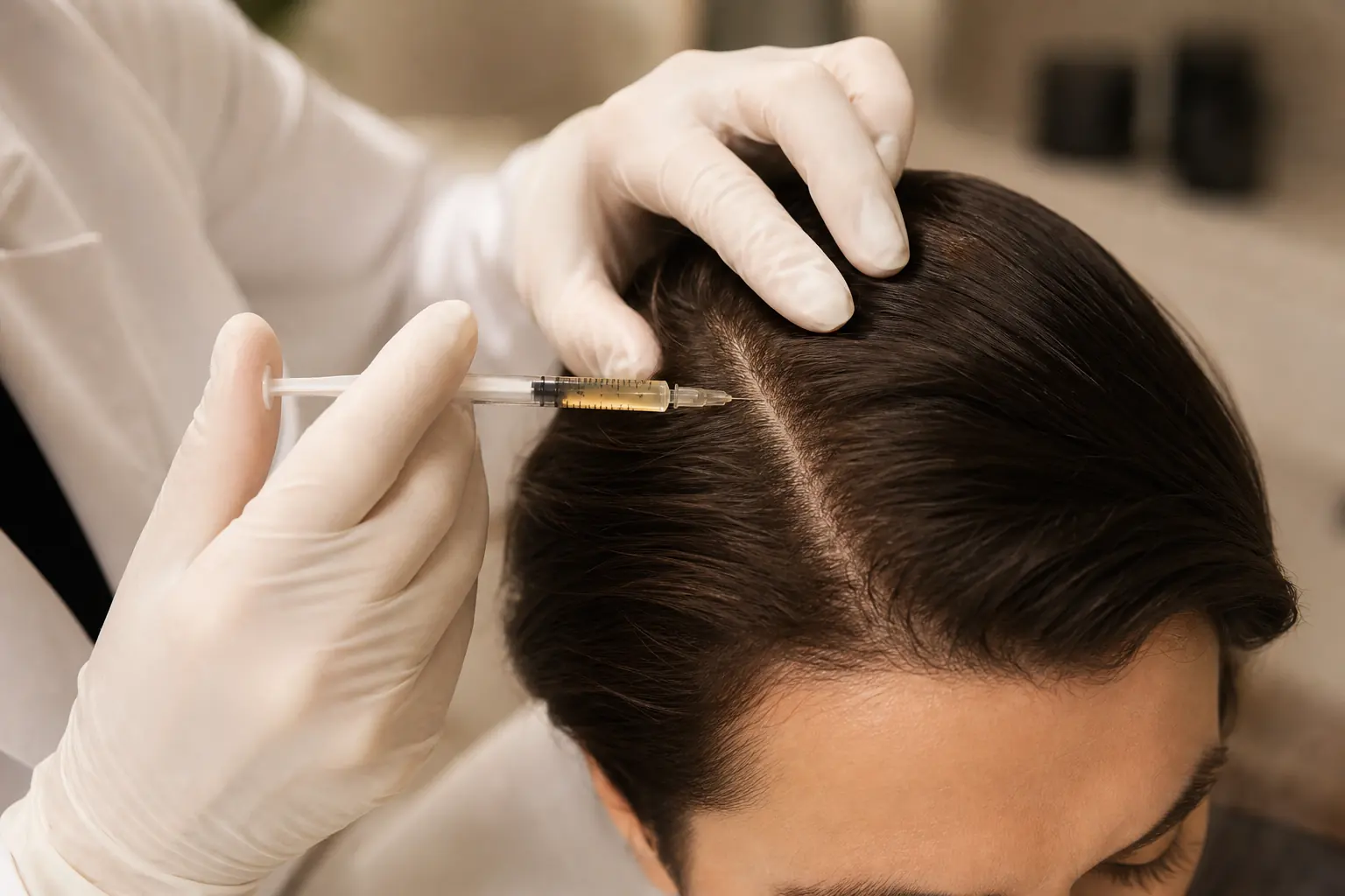 A clinician in white gloves carefully administering a precise GFC / PRP scalp injection along the parted hair of a male client at The Wellness Ed — pale-amber growth-factor concentrate visible in the syringe.