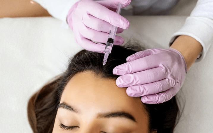 A clinician in pink medical gloves carefully administering a precise QR678 growth-factor injection along the front hairline of a relaxed guest at The Wellness Ed — the calm, doctor-led technique characteristic of an in-clinic scalp therapy session.