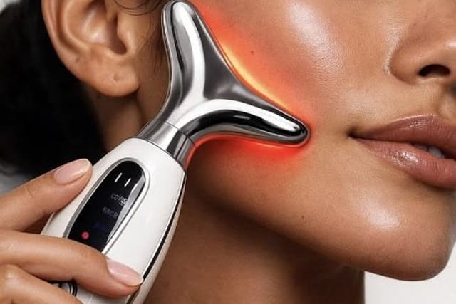 A close-up of a modern facial-tech device at The Wellness Ed — a sleek, sculpted handheld tool with a warm red LED glow drifting along the jawline and neck of a relaxed guest, capturing the calm, technology-led ritual at the heart of our Regenerative Facials.