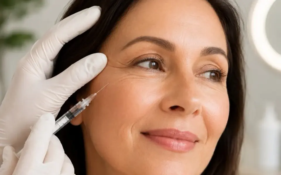 An aesthetic doctor in a sterile glove gently administering a skin-booster microinjection along a relaxed guest's cheekbone in a softly lit treatment room — Skin Boosters at The Wellness Ed.