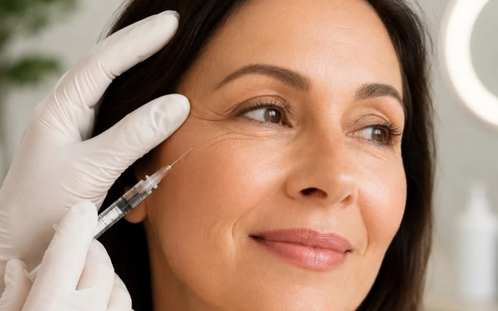 An aesthetic doctor in a sterile glove gently administering a skin-booster microinjection along a relaxed guest's cheekbone in a softly lit treatment room — Skin Boosters at The Wellness Ed.