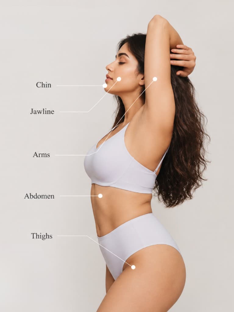 Side-profile body diagram at The Wellness Ed showing common CoolSculpt treatment areas — chin, jawline, arms, abdomen, and thighs — with refined leader lines linking each landmark to its label.