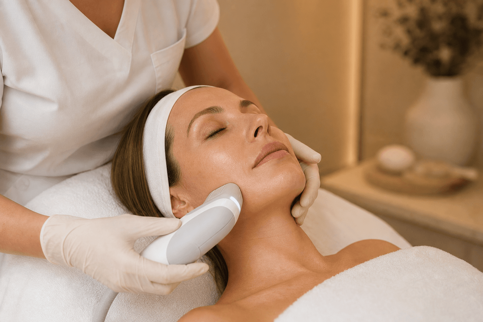Clinician in white gloves gently guiding a sleek HIFU handpiece along the jawline of a relaxed client during a non-surgical lifting session at The Wellness Ed — soft beige and cream wellness studio in the background.