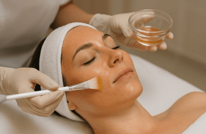 An aesthetician in white gloves gently applying a golden chemical peel solution with a soft brush to the cheek of a relaxed client at The Wellness Ed Signature Studio.