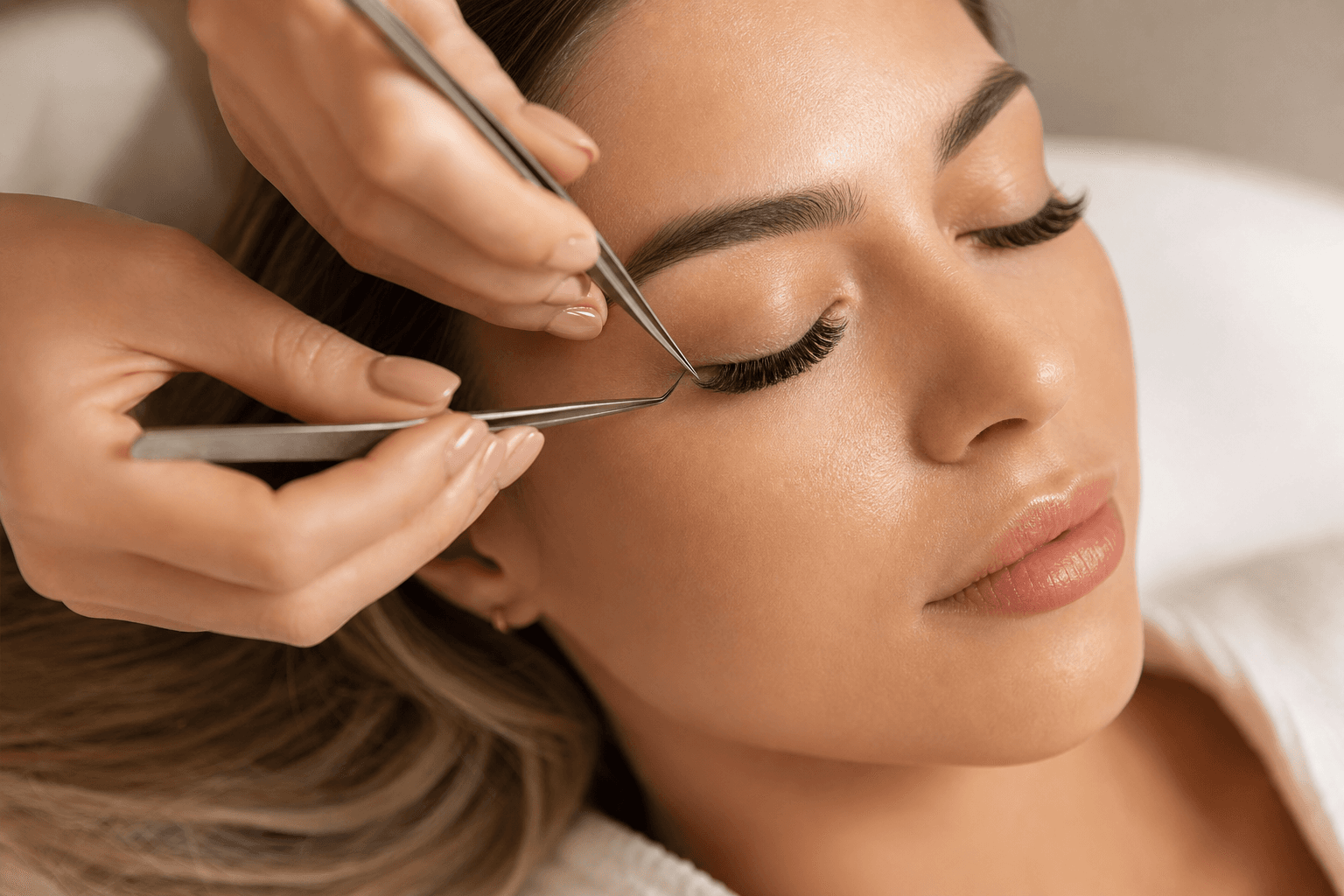 A relaxed client receiving a Lash Extensions session at The Wellness Ed Signature Studio — fine, wispy extensions placed individually with precision tweezers around her closed lids.