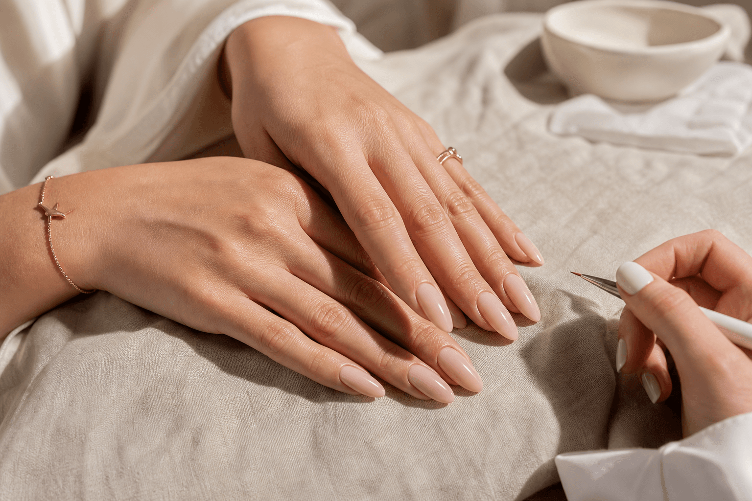 Hands resting on warm beige linen displaying a freshly completed almond-shaped nail extension manicure in soft glossy nude — Nail Extensions at The Wellness Ed Signature Studio.