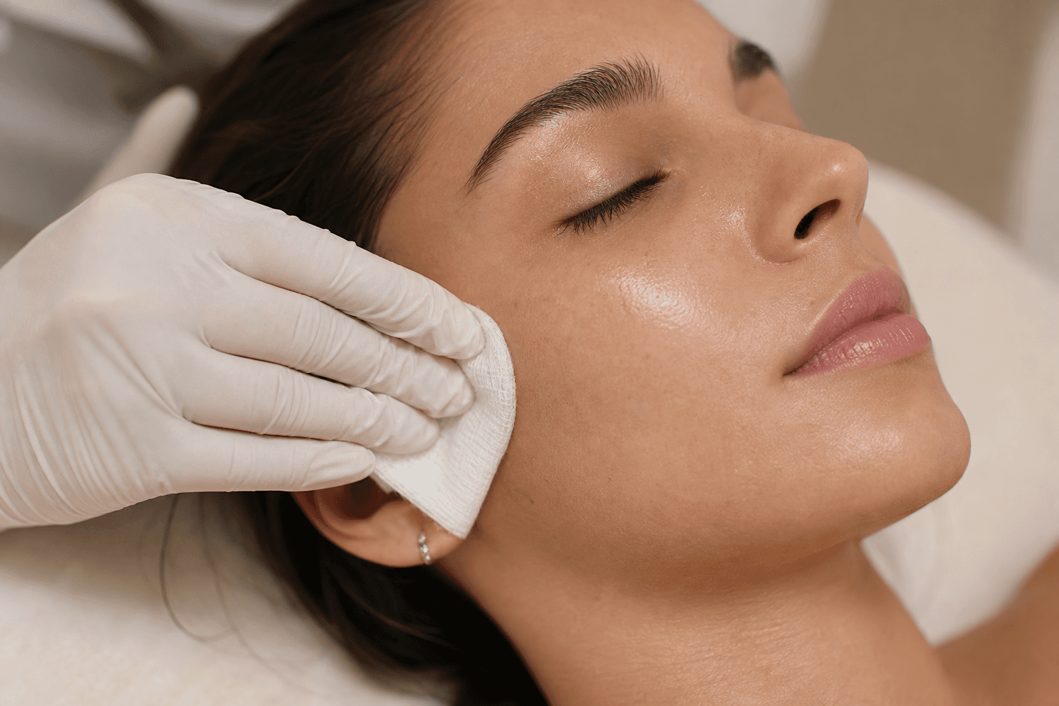 A close-up of a relaxed client receiving a clinical acne treatment at The Wellness Ed — an aesthetician in white gloves gently presses a sterile gauze pad to her cheek, with clear, healthy-looking post-treatment skin visible.