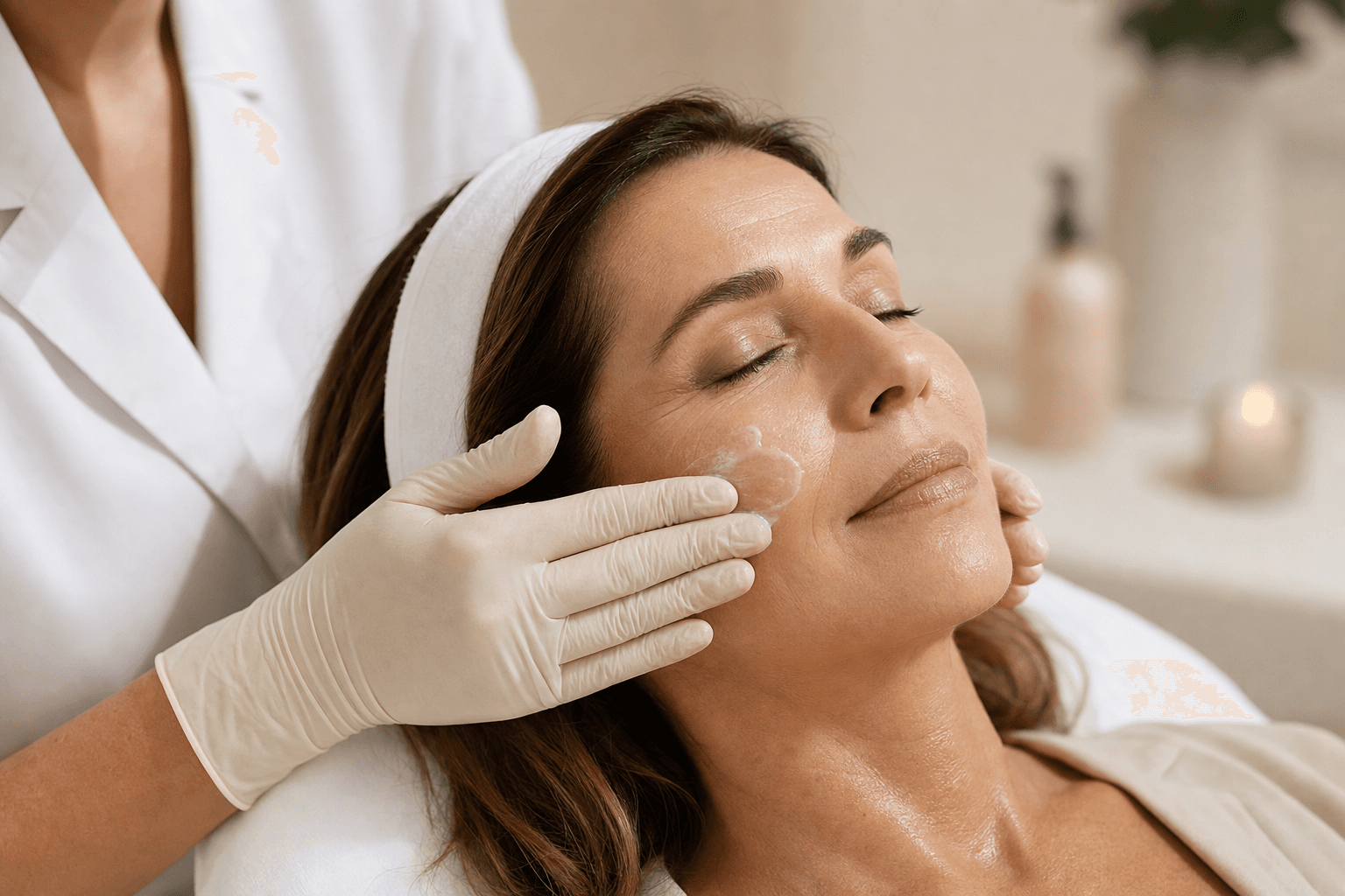 An elegant woman in her late forties receiving a luxurious anti-aging facial at The Wellness Ed — a clinician in white gloves gently massages a hydrating cream into her cheek as she rests with eyes closed in a soft, candle-lit treatment room.