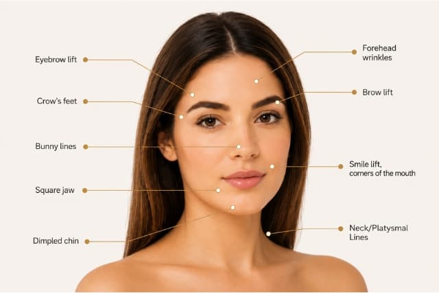 Annotated face diagram showing common dermal-filler treatment areas at The Wellness Ed — including forehead, brow, eyes, cheeks, smile lines, jawline, chin, and neck — with refined leader lines linking each landmark to its label.