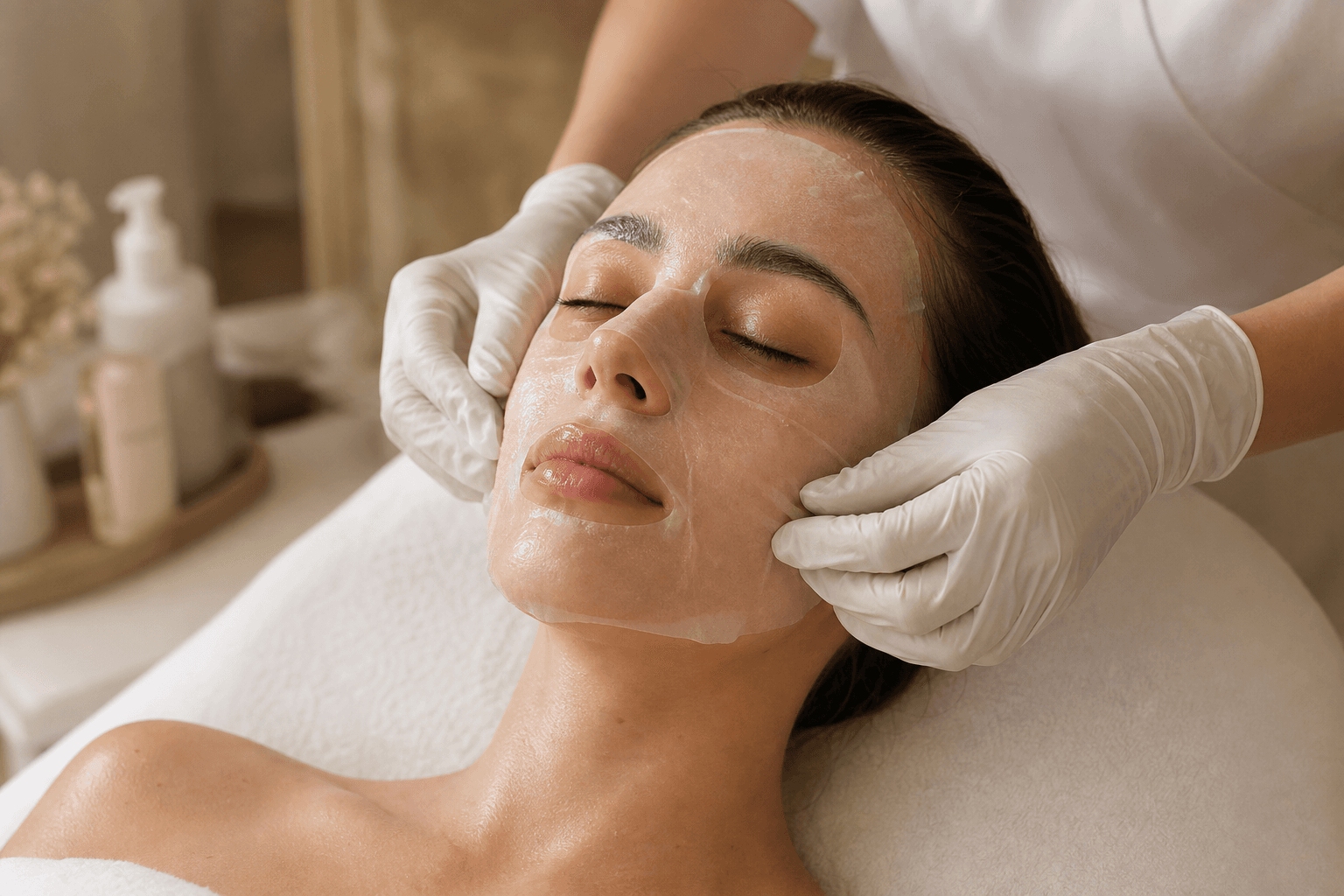 A relaxed client receiving a deeply hydrating sheet mask facial at The Wellness Ed — a clinician in white gloves gently presses the mask onto her face revealing dewy, plump, glowing skin around the edges.
