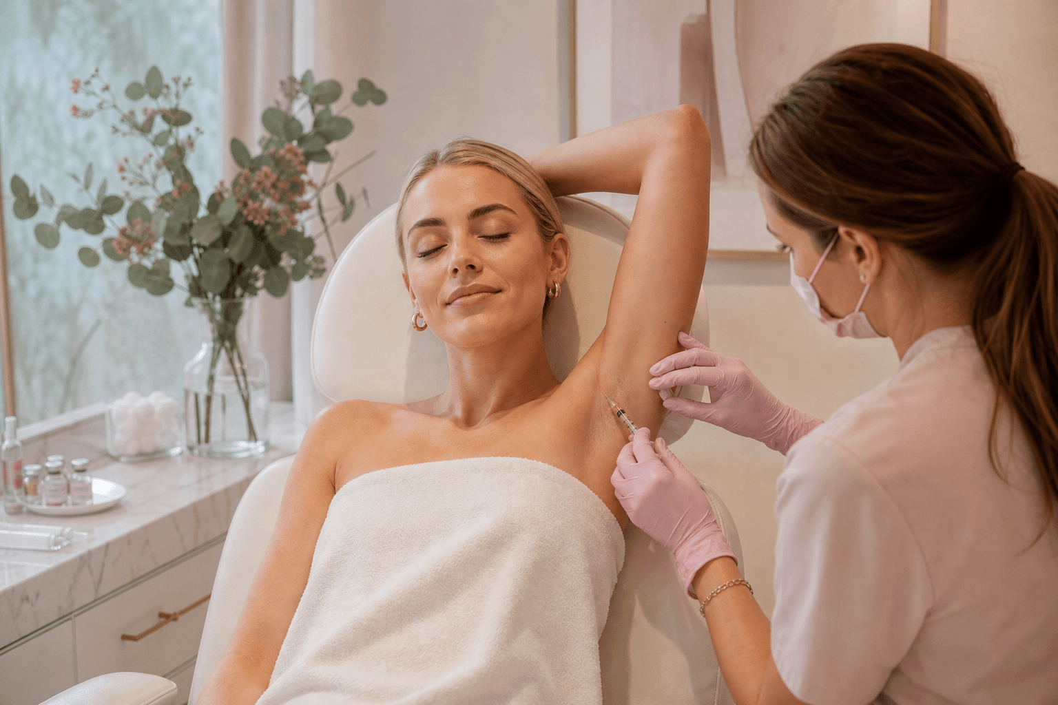 A relaxed female client reclining in a soft cream treatment chair at The Wellness Ed while a clinician in soft pink medical gloves performs a precise micro-injection into her underarm — calm, dignified, no blood, surrounded by warm cream tones and eucalyptus.