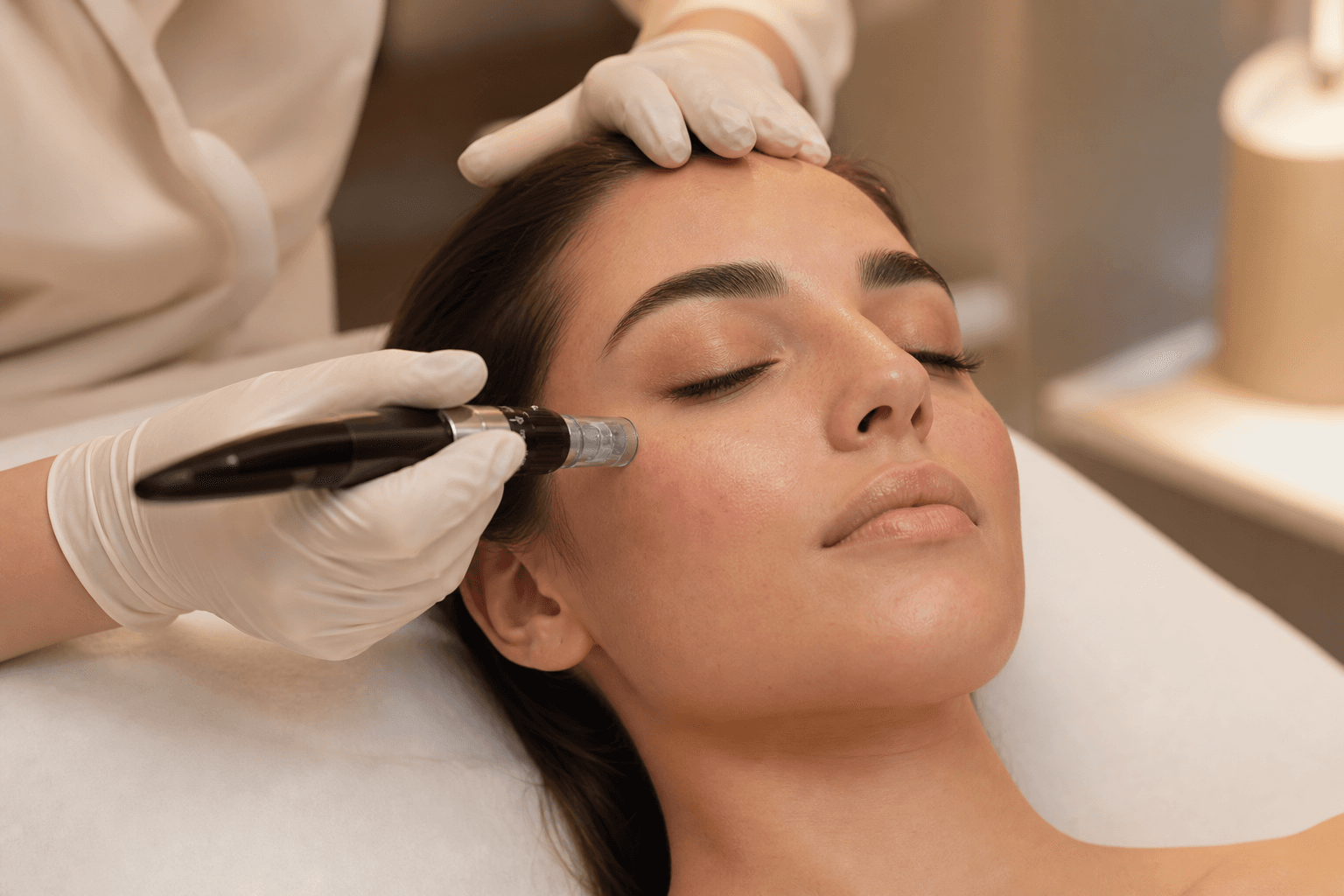 A relaxed client receiving a microneedling treatment for refined pores and texture at The Wellness Ed — a clinician in white gloves carefully glides a sleek microneedling pen across her cheek, with subtle treatment freshness visible on the skin.