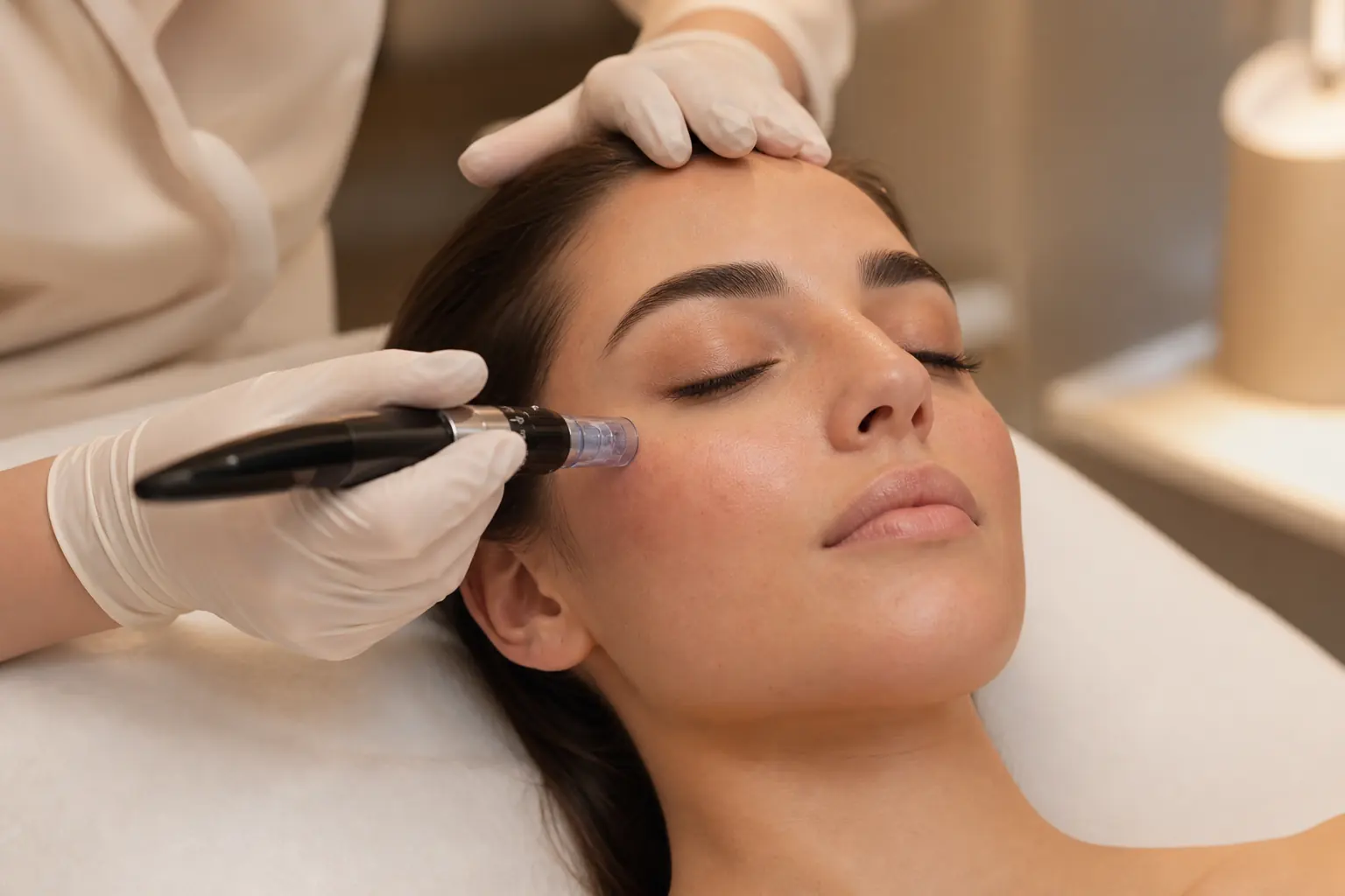 A relaxed client receiving a microneedling treatment for refined pores and texture at The Wellness Ed — a clinician in white gloves carefully glides a sleek microneedling pen across her cheek, with subtle treatment freshness visible on the skin.