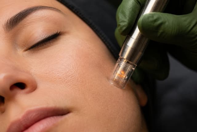 Close-up of an RF Microneedling session at The Wellness Ed — a green-gloved clinician guides a precision microneedling pen across a relaxed guest's cheek, the cartridge tip glowing warm amber as it delivers controlled radiofrequency energy beneath the skin.