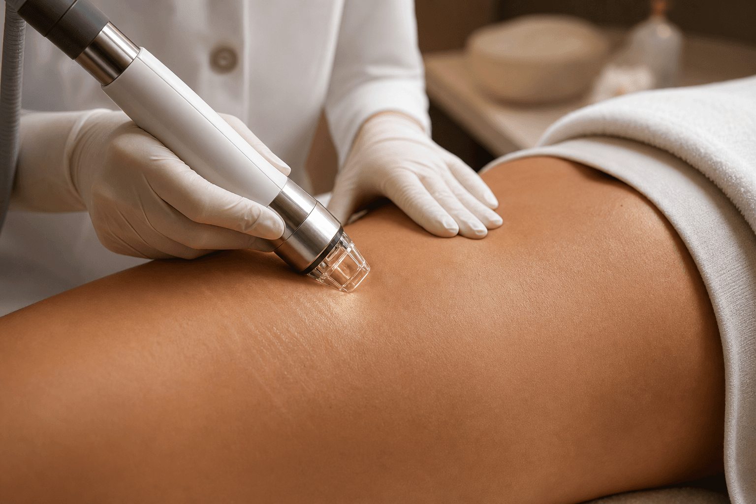 A clinician in white gloves carefully glides a microneedling RF handpiece across smooth skin during a stretch marks treatment at The Wellness Ed — soft warm lighting, beige and cream tones, a calm clinical atmosphere.