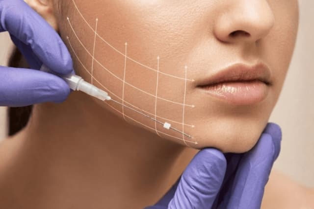 Close-up of a Thread Lift procedure at The Wellness Ed — a clinician in lilac medical gloves precisely places a fine dissolvable PDO thread along a guest's jawline, with subtle directional guide-lines drawn across the cheek mapping the vector of the gentle lift toward the ear.