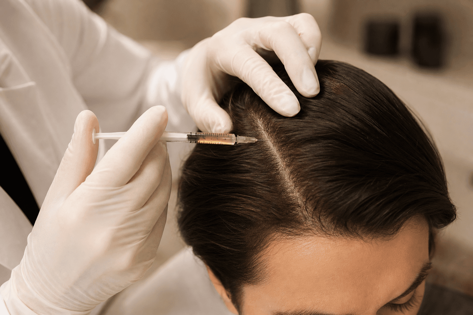 A clinician in white gloves carefully administering a precise GFC / PRP scalp injection along the parted hair of a male client at The Wellness Ed — pale-amber growth-factor concentrate visible in the syringe.