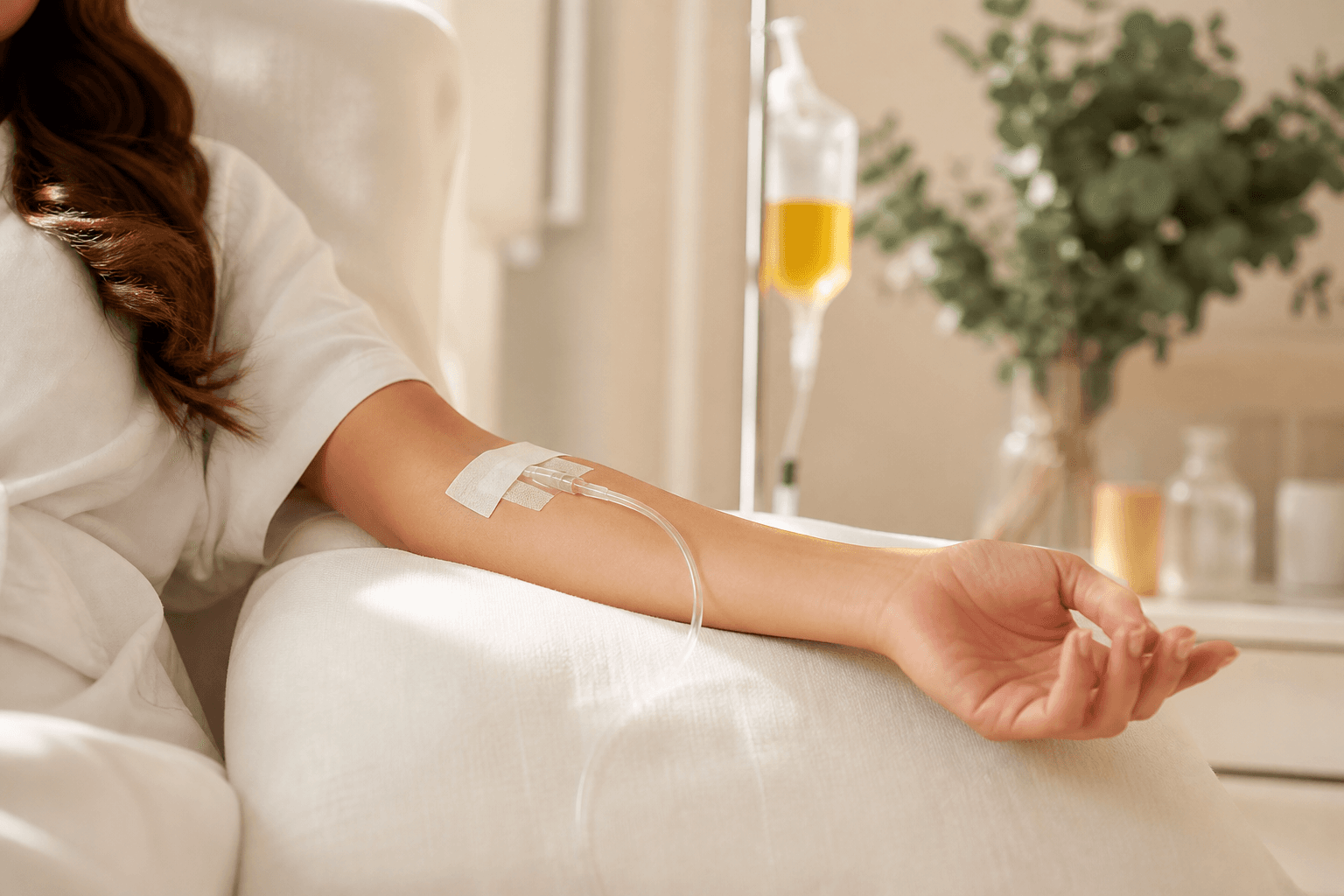 A relaxed client receiving an IV drip therapy session at The Wellness Ed — a soft cannula taped neatly to the forearm with a clear bag of golden-amber vitamin solution suspended out of focus, set in a serene cream and beige wellness room.