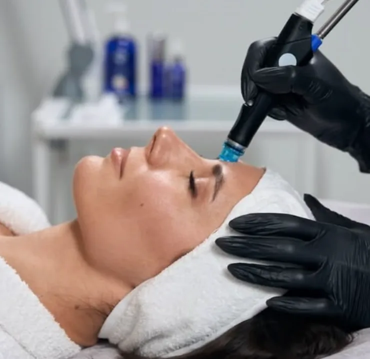 A relaxed client receiving a Hydrafacial treatment at The Wellness Ed Signature Studio, with a clinician in black gloves gently guiding the Hydrafacial wand across her forehead.